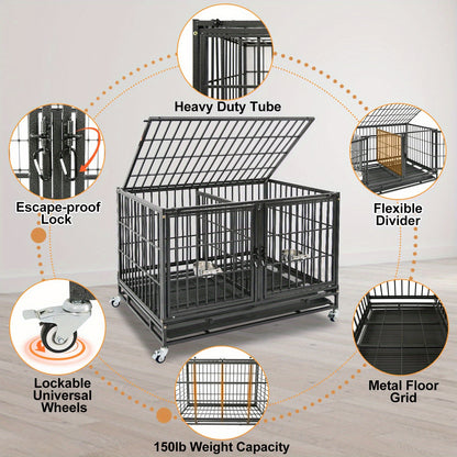 [Escape Proof Dog Crate] Heavy Duty Escape Proof 42 Inch Dog Crate Cage | Stackable Basic Kennel for Small to Medium Dogs with Divider - Indoor Pet Cage