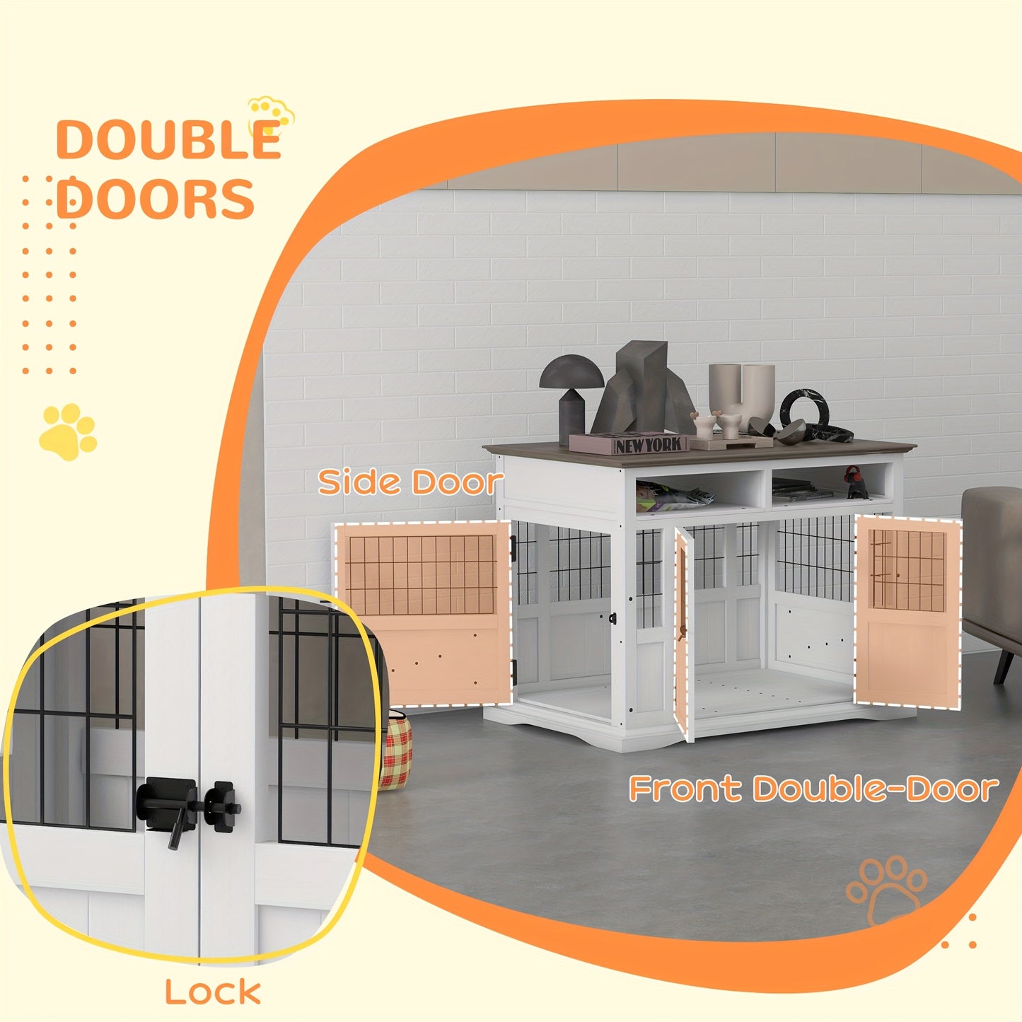 [PAWHUT Wooden Dog Crate] White Wooden PAWHUT Dog Crate Furniture - Decorative Dog Kennel for Medium Dogs - Indoor Pet Cage with Storage Shelves