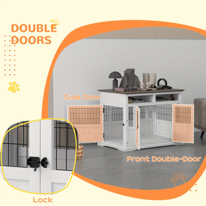 [PAWHUT Wooden Dog Crate] White Wooden PAWHUT Dog Crate Furniture - Decorative Dog Kennel for Medium Dogs - Indoor Pet Cage with Storage Shelves