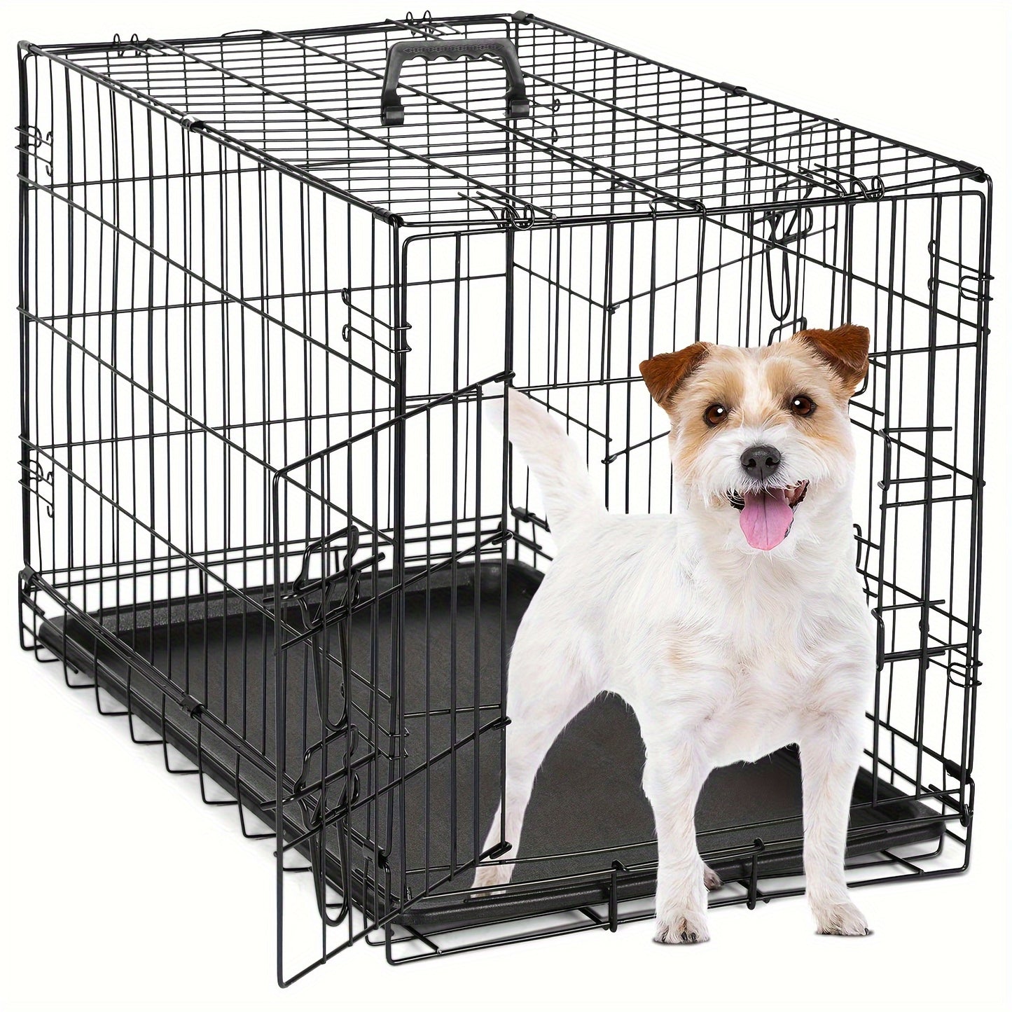 Double-Door Dog Crate: Foldable Black Metal Pet Cage with Divider Panel, Removable Tray and Portable Indoor-Outdoor Handle