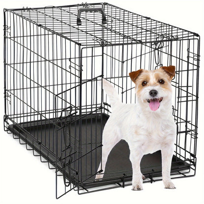 Double-Door Dog Crate: Foldable Black Metal Pet Cage with Divider Panel, Removable Tray and Portable Indoor-Outdoor Handle