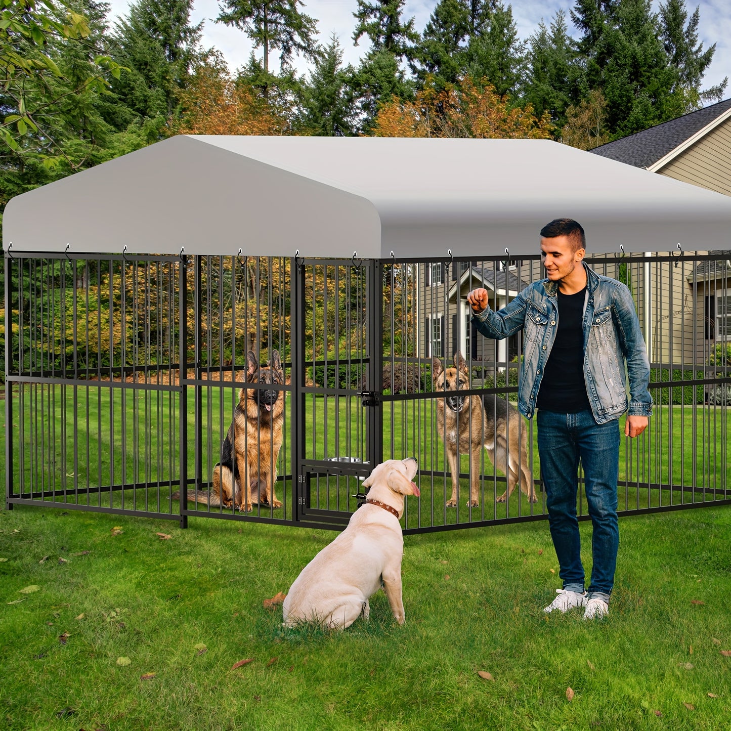1pc Heavy Duty Metal Dog Kennel 10x10x6FT with Waterproof UV Cover, Safety Locks, and Feeding Bowl - Uncharged Outdoor Pet Cage for Garden and Backyard Use