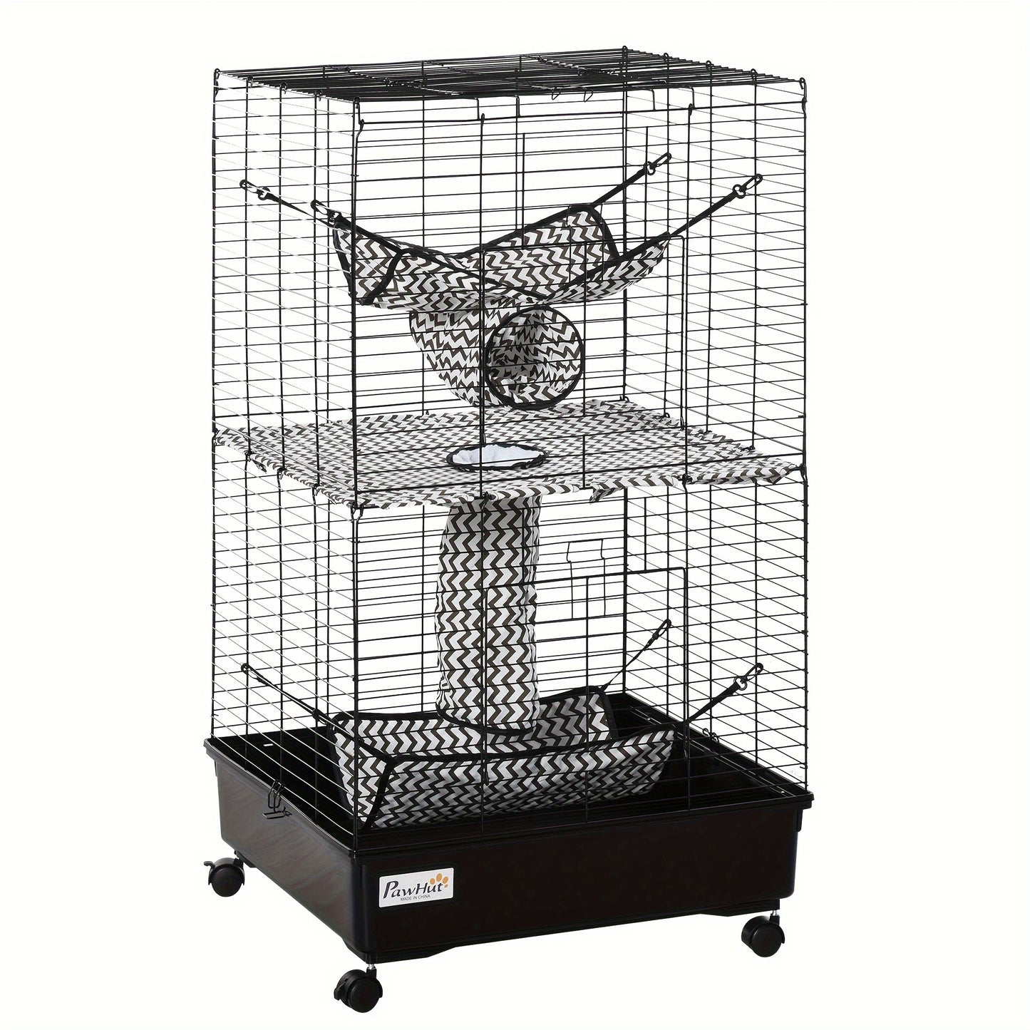 PawHut 42" Ferret Cage, Small Animal Habitat Metal Pet Cage with Wheels Brakes, Hammocks, Hanging Tunnels, and 3 Doors, Black