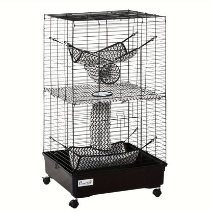 PawHut 42" Ferret Cage, Small Animal Habitat Metal Pet Cage with Wheels Brakes, Hammocks, Hanging Tunnels, and 3 Doors, Black