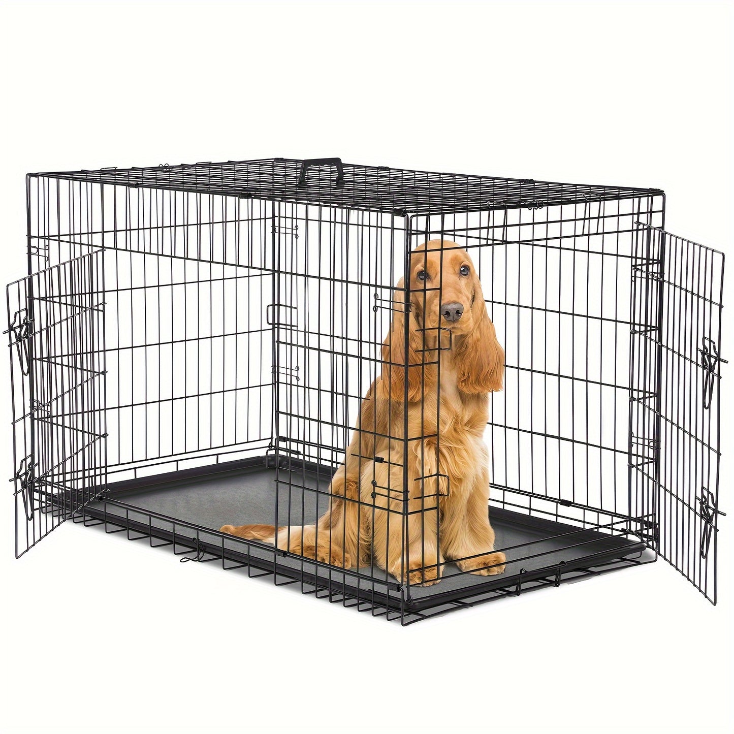 Double-Door Dog Crate: Foldable Black Metal Pet Cage with Divider Panel, Removable Tray and Portable Indoor-Outdoor Handle